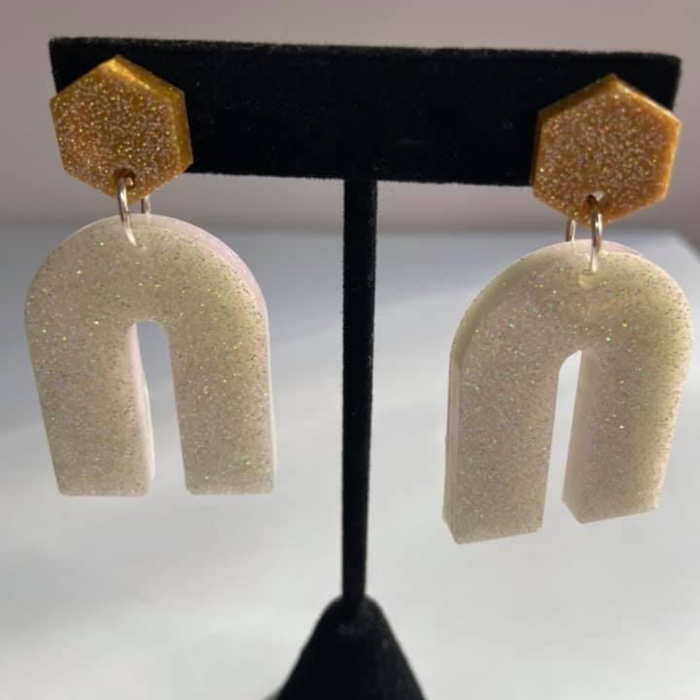 Gulf Coast Clay earrings. Gold and White with tons of sparkle